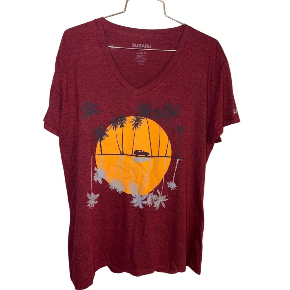Subaru Womens Graphic T-Shirt 2XL Burgundy V-Neck Sunset Palm Trees Heathered
